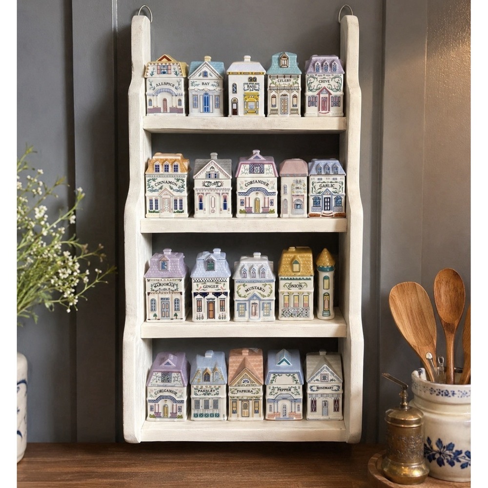 Vintage Whitewashed Wood Wall Shelf Spice Rack Cottage Farmhouse Decor Trinket
